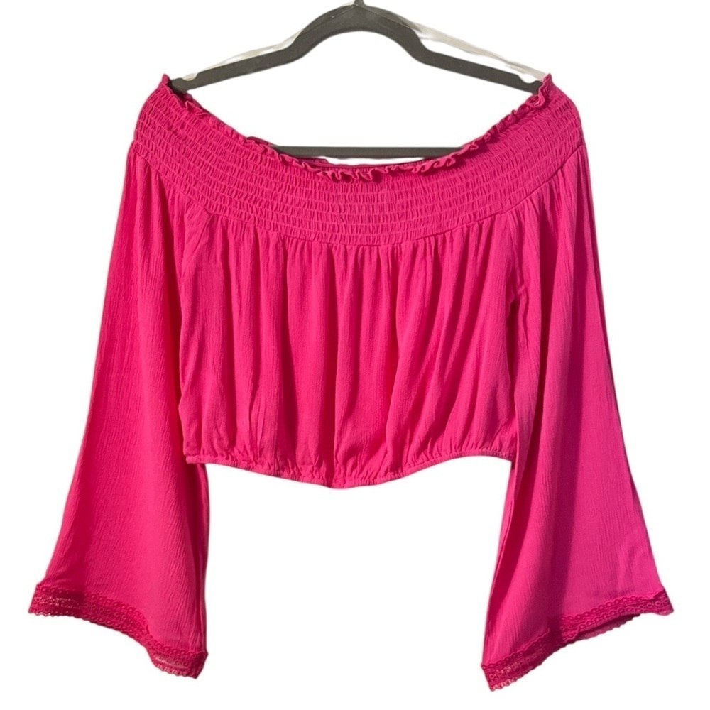 Hudson Gray Off the Shoulder Bell Sleeve Crop Top and Lace Shorts 2 Piece Set